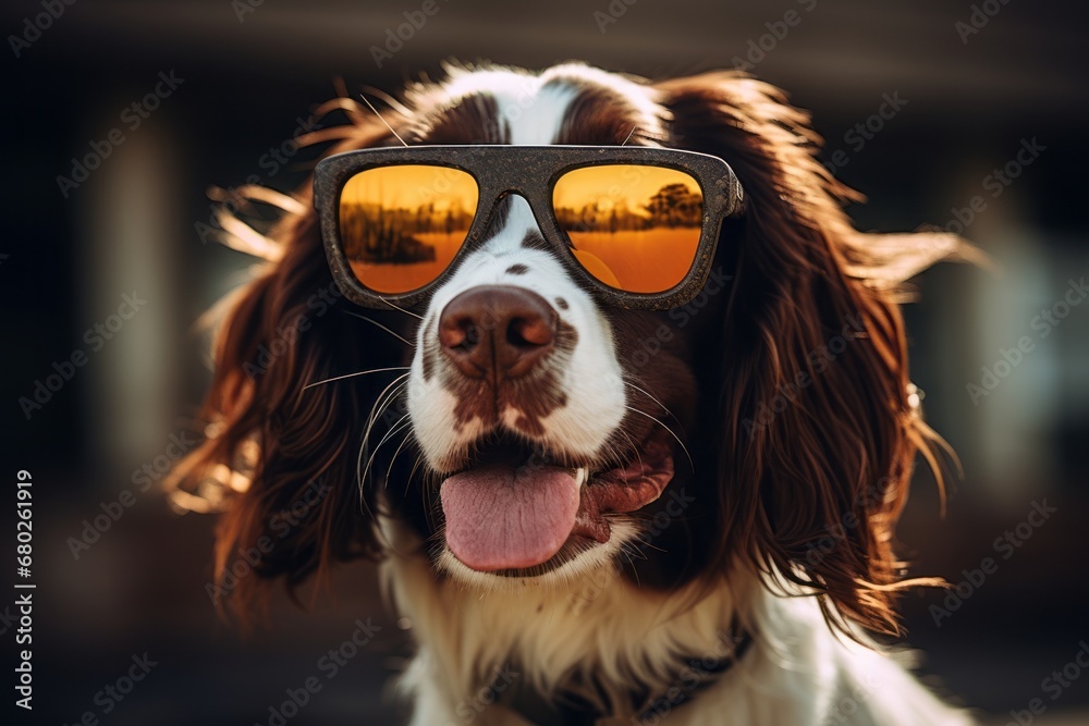 funny english springer spaniel wearing a trendy sunglasses in dog parks background