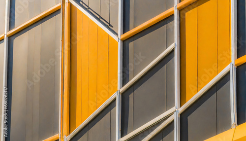 geometric color elements of the building facade with planes lines corners with highlights and reflections for an abstract background and texture of gray orange colors place for text