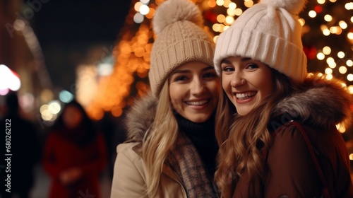 Two young woman wearing winter clothing in the street over Christmas tree