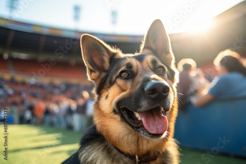 happy german shepherd being at a sports game isolated on outdoor markets background