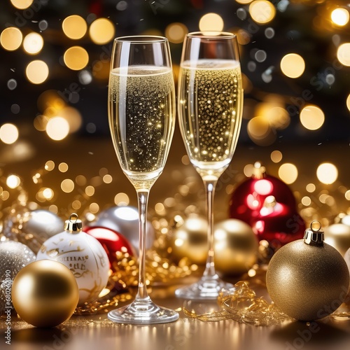 champagne glasses with new year's decorations on a wooden background champagne glasses with new year's decorations on a wooden background new year's glasses with champagne and christmas decorations.