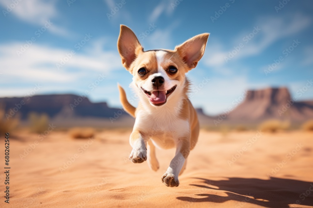 cute chihuahua running in desert landscapes background