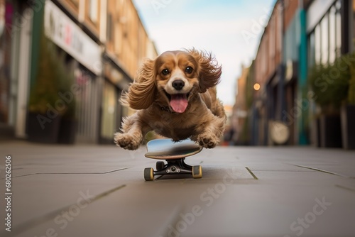 smiling cocker spaniel skateboarding over outdoor markets background photo