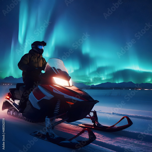 side view of a snowmobile riding on a snow road at night with the northern lights in the starry sky. Generative AI photo