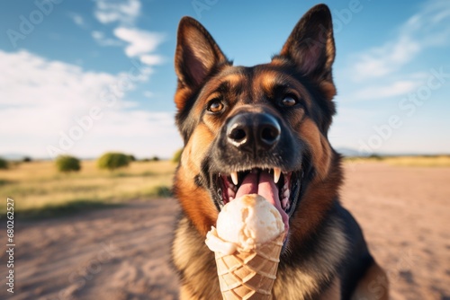 happy german shepherd licking an ice cream cone in desert landscapes background