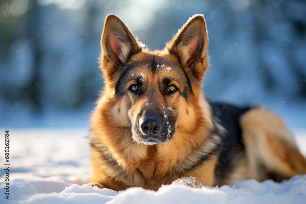 curious german shepherd lying down in snowy winter landscapes background