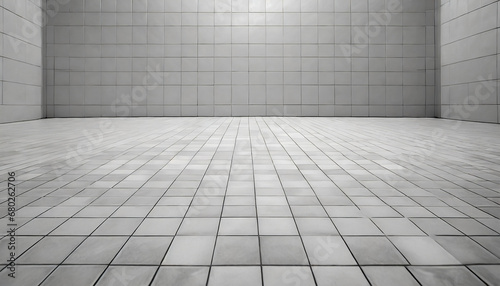 white tile floor background in perspective view or white rectangle mosaic tiles texture background