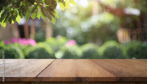 empty wood table top and blur of out door garden background empty wooden table space for text marketing promotion blank wood table copy space for background