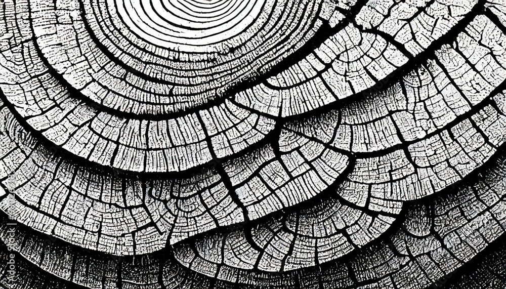 black and white cut wood texture detailed black and white texture of a felled tree trunk or stump rough organic tree rings with close up of end grain - obrazy, fototapety, plakaty 