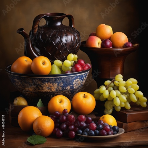 fresh fruits on a wooden plate fresh fruits on a wooden plate still life with a fruit and fruit