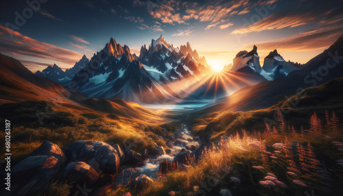 stunning image of a mountain landscape at dawn, with the sun rising behind the peaks. The scene features rugged snow-capped mountains, generative ai