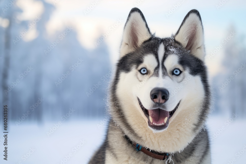 happy siberian husky standing on hind legs while standing against snowy winter landscapes background happy siberian husky standing on hind legs while standing against snowy winter landscapes background