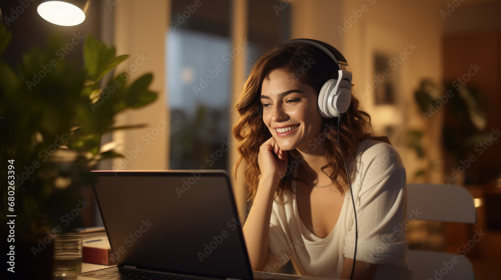 Smiling young woman is using headphones while working on a laptop in a comfortable home setting Smiling young woman is using headphones while working on a laptop in a comfortable home setting
