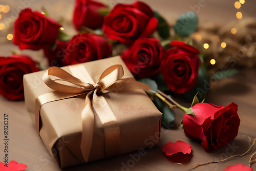 Golden gift box and bouquet of red roses.