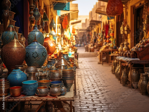 A bustling Moroccan bazaar filled with colorful activity and vibrant energy.