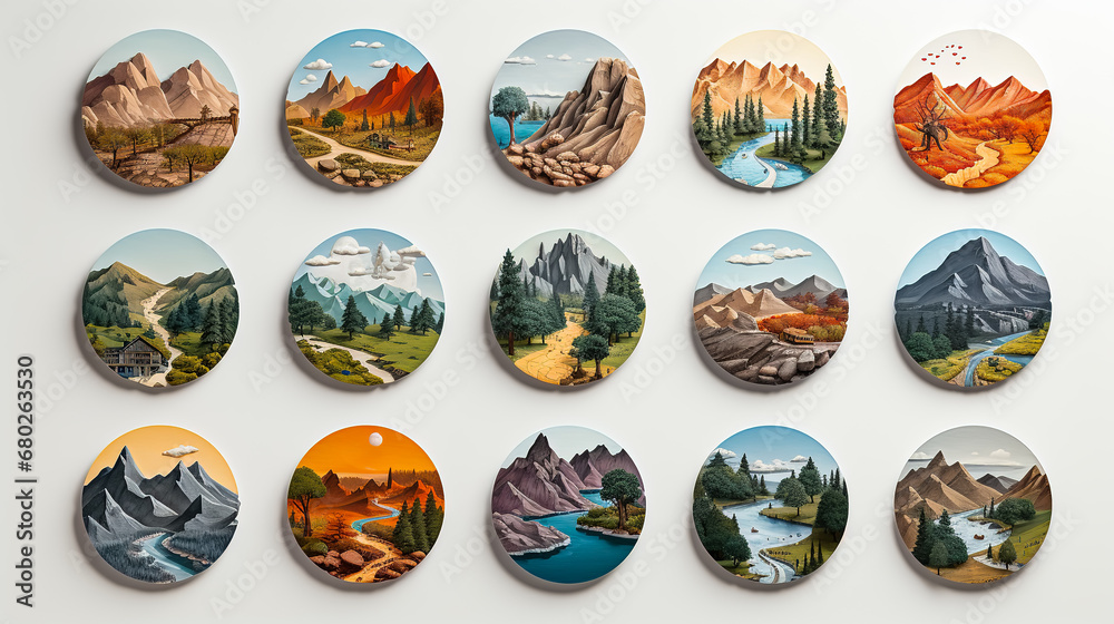 set of round icons with various landscapes set of round icons with various landscapes