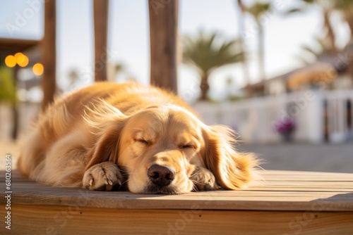 happy golden retriever sleeping in beach boardwalks background