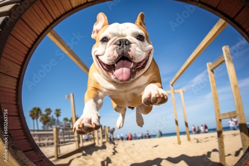 happy bulldog jumping through a hoop on beach boardwalks background