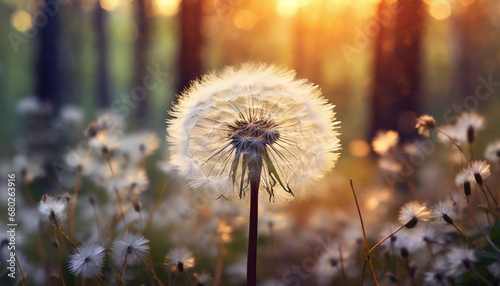 big white dandelion in a forest at sunset abstract nature background