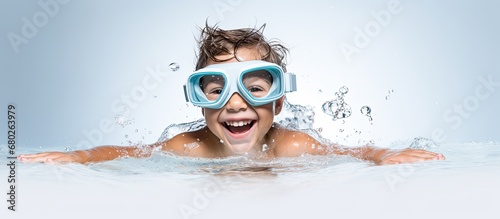 The happy child, a young boy wearing a white swimsuit and snorkel mask, is seen swimming and diving in a studio, isolated on a white background.