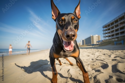 curious doberman pinscher running on the beach in front of beach boardwalks background