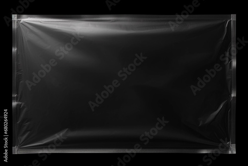 Transparent plastic wrap overlay on black background. Horizontal stretched polyethylene cover. photo