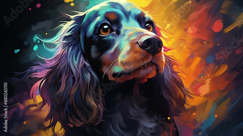A vivid artwork featuring a Spaniel dog illustrated in a range of bright colors