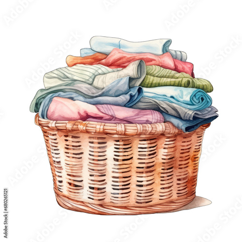 Wicker laundry basket with clothes, transparent background