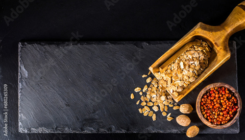 black slate texture in which the grain of the mineral can be seen empty table for cheeses and other snacks copyspace copy space © Alexander