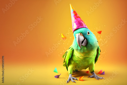 Creative animal concept. Parrot bird in party cone hat necklace bowtie outfit isolated on solid pastel background advertisement, copy text space. birthday party invite invitation	
 photo