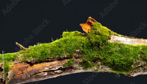 isolated side view of rotten branch covered in green moss