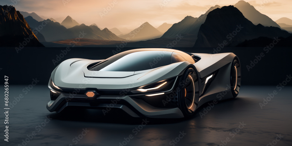 Naklejka premium Futuristic sports car concept. White futuristic car parked, mountains background.