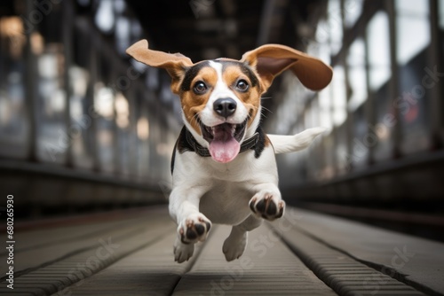 funny beagle running over train stations background