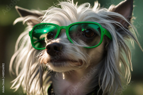 Funny Chinese Crested in green sunglasses. © Natalia Prasm