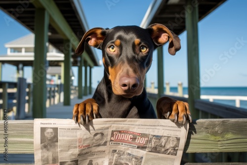 Environmental portrait photography of a smiling doberman pinscher holding a newspaper in its mouth against fishing piers background. With generative AI technology