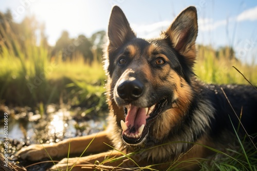 Close-up portrait photography of a smiling german shepherd chewing things against wildlife refuges background. With generative AI technology photo