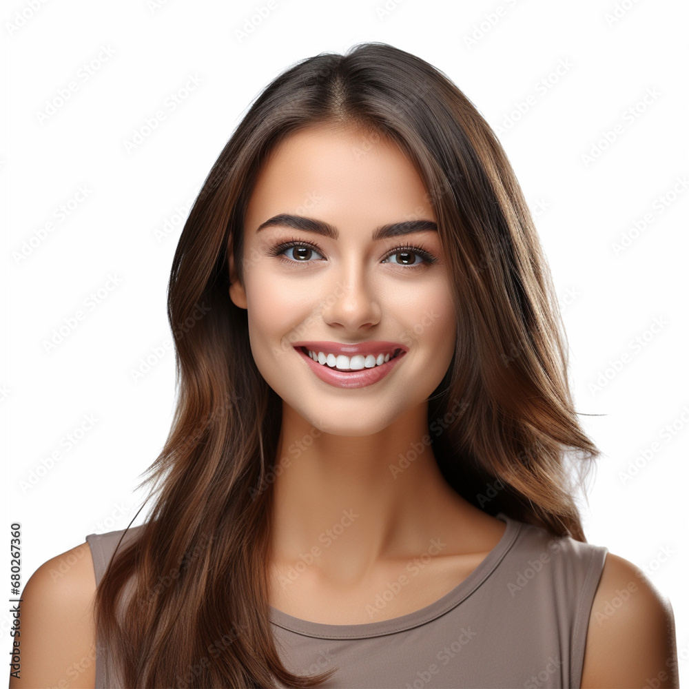 Portrait of a smiling woman showing teeth with a white background headshot Portrait of a smiling woman showing teeth with a white background headshot
