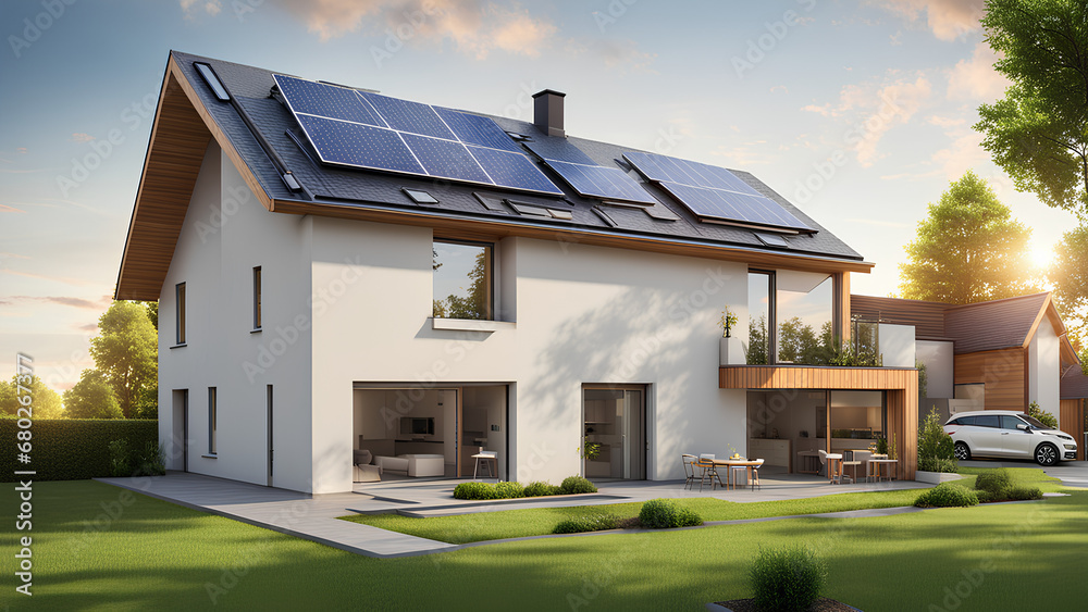 new-suburban-house-with-a-photovoltaic-system-on-the-roof-modern-eco-friendly-passive-house Ai illustration new-suburban-house-with-a-photovoltaic-system-on-the-roof-modern-eco-friendly-passive-house Ai illustration