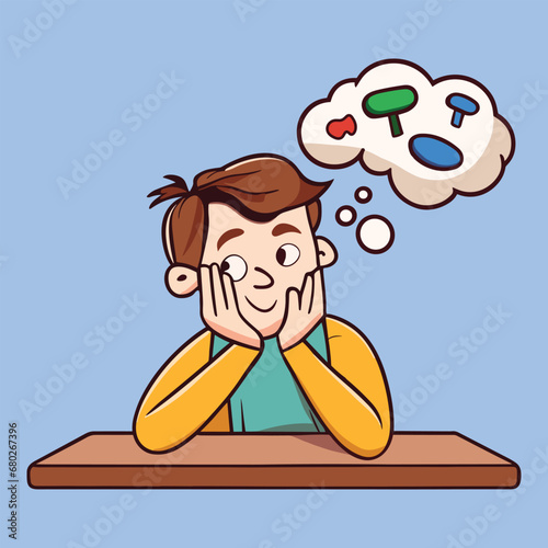 Boy Thinking Vector. Cute Boy Thinking On table Vector Illustration