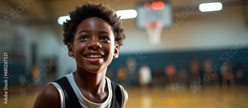In the bustling school gym, a young African boy passionately pursues his dream of becoming a basketball star, showcasing his athletic skills and embracing a healthy lifestyle through the sport. With