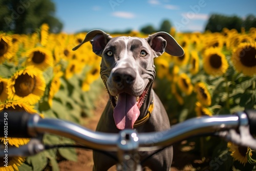 Medium shot portrait photography of a cute great dane riding in a bicycle basket against sunflower fields background. With generative AI technology