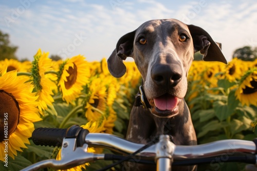 Medium shot portrait photography of a cute great dane riding in a bicycle basket against sunflower fields background. With generative AI technology