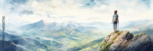 Woman Solo Traveler Reaching Summit at the Mountain Enjoying Freedom and Looking Towards Stunning View. Travel Watercolour Postcard or Web Banner
