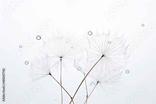  a close up of a plant with drops of water on it s leaves and in front of a white background.