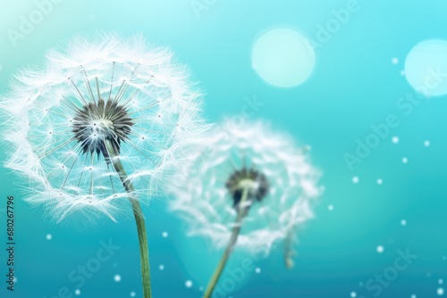  a couple of dandelions sitting on top of a blue sky filled with lots of white flecks.