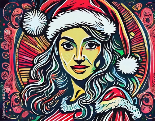 cartoon portrait of the girl with a santa claus costume