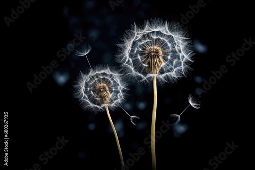  a couple of dandelions sitting on top of a black table next to each other on a black background.