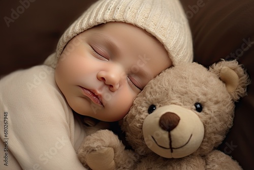 An adorable and innocent newborn baby boy sleeping peacefully with a teddy bear and a knitted hat.