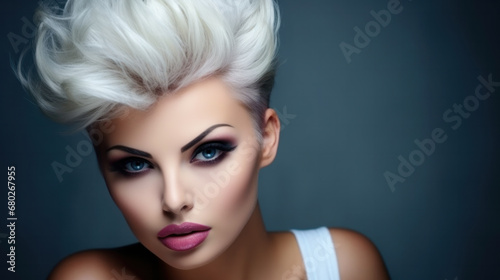 Beautiful blond girl in move with a perfectly smooth hair, and classic make-up. Beauty face. Picture taken in the studio.