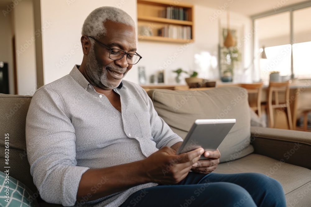 Mature older man using various digital devices at home, highlighting ...